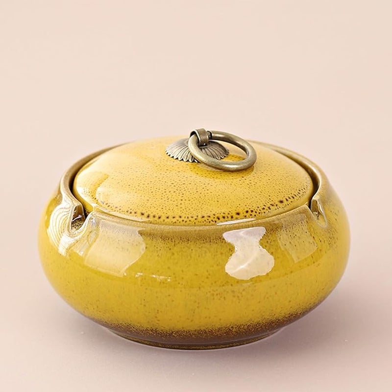 Yellow Ceramic Ashtray with Lid Windproof Portable Ash Tray for Indoor Outdoor Office Home Patio Decor - Image 2